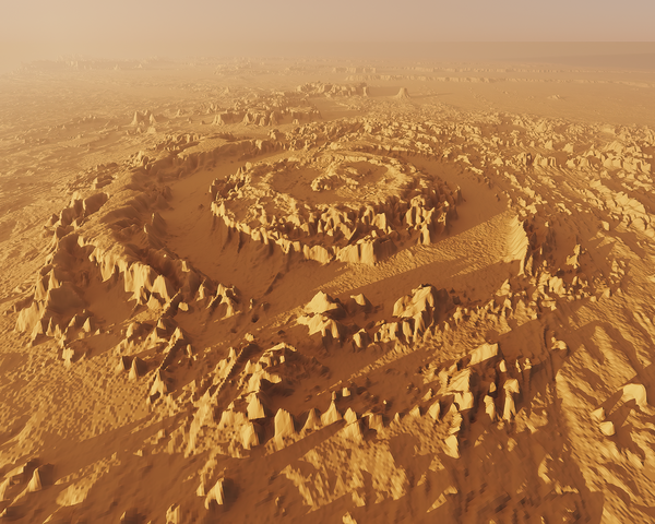 A rendering of Aorounga crater using digital elevation mapping.